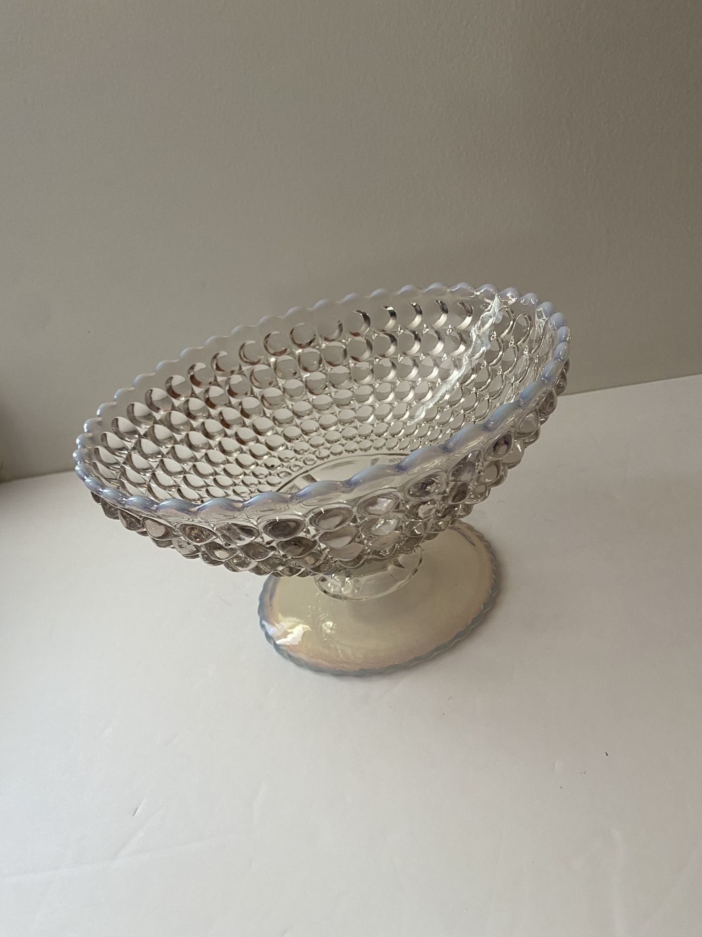 Large Vintage Thousand Eye Glass Opalescent Footed Bowl Compote, Could Be Uranium?   Does have a bit of “damage”, please see last photo.