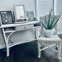 White Wicker Vanity Desk and Chair Set