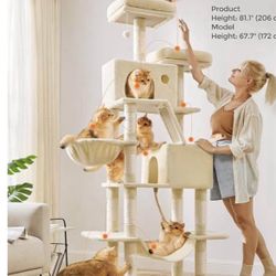 Cat Tree, 81.1-Inch Large Cat Tower with 13 Scratching Posts, 2 Perches, 2 Caves, Basket, Hammock, Pompoms, Multi-Level Plush Cat Condo fo
