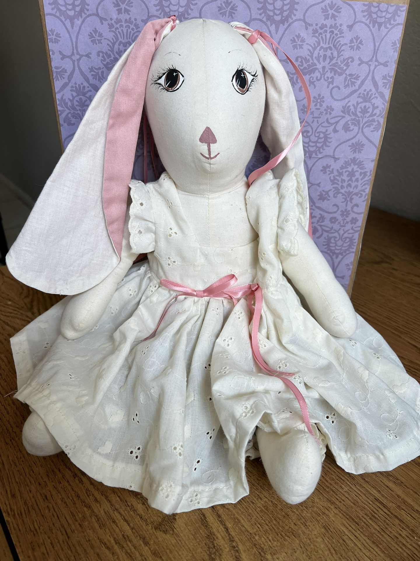 Vintage Bunny Rabbit 18” Handmade Rag Doll Primitive Floppy Ears Floral Dress
