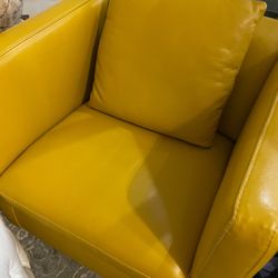 Two Yellow Leather Chairs And Matching Pillows