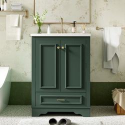 24-Inch Dark Green Bathroom Vanity with White Ceramic Sink Top