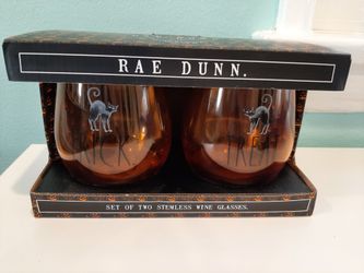 Rae Dunn~Trick or Treat CAT Halloween Orange Stemless Wine Glass~Gift Set of 2