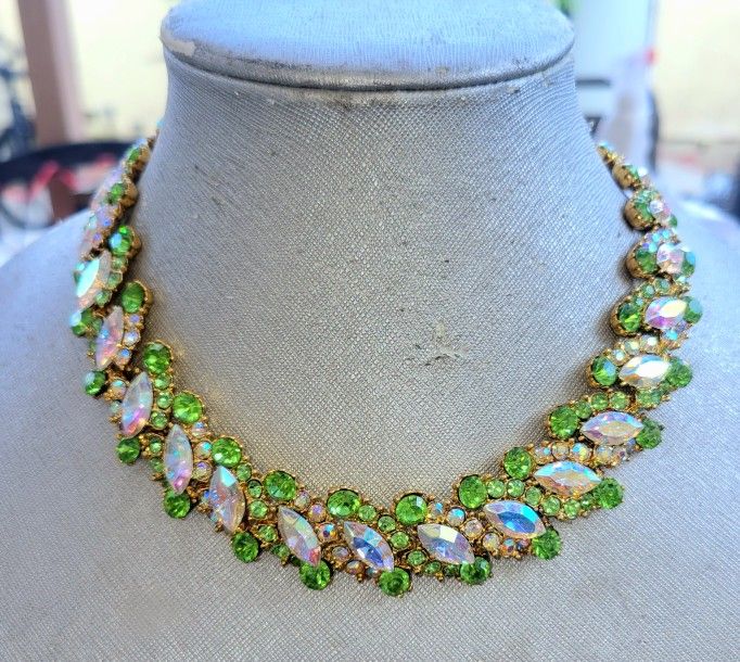 Beautiful Iridescent & Lime Green Rhinestone Necklace Costume Made
