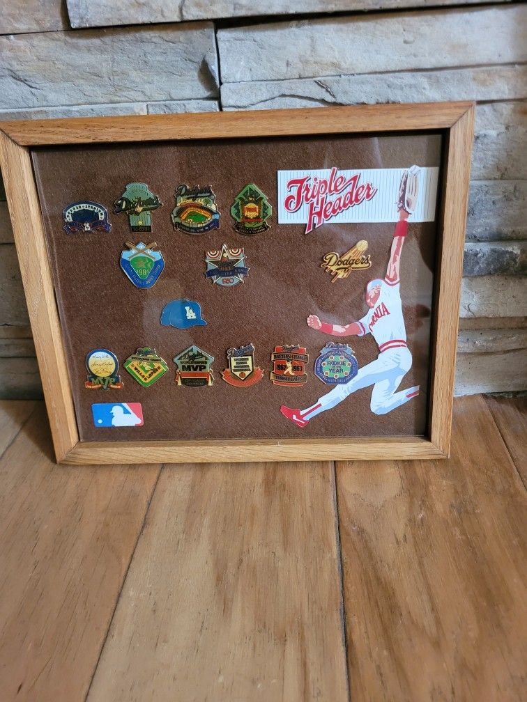 Historical Dodgers Pin Collection. In Frame 11.25 Inches Wide x 9  Inches Tall.