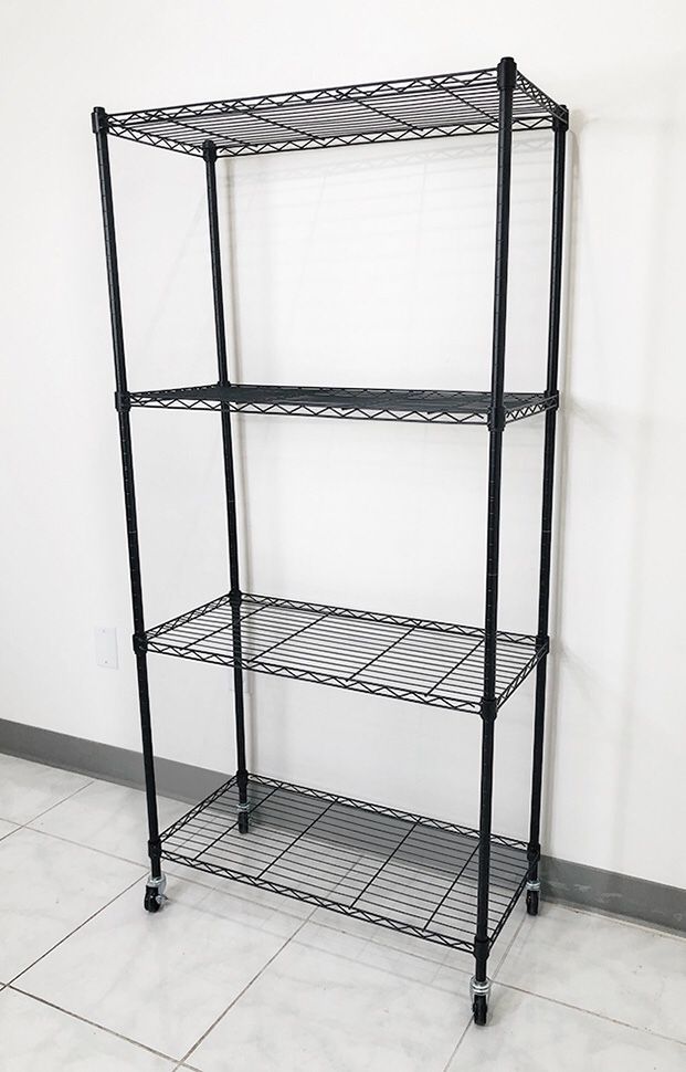 New $50 Metal 4-Shelf Shelving Storage Unit Wire Organizer Rack Adjustable w/ Wheel Casters 30x14x61”