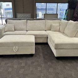 Light beige sectional chaise sofa w/storage ottoman
