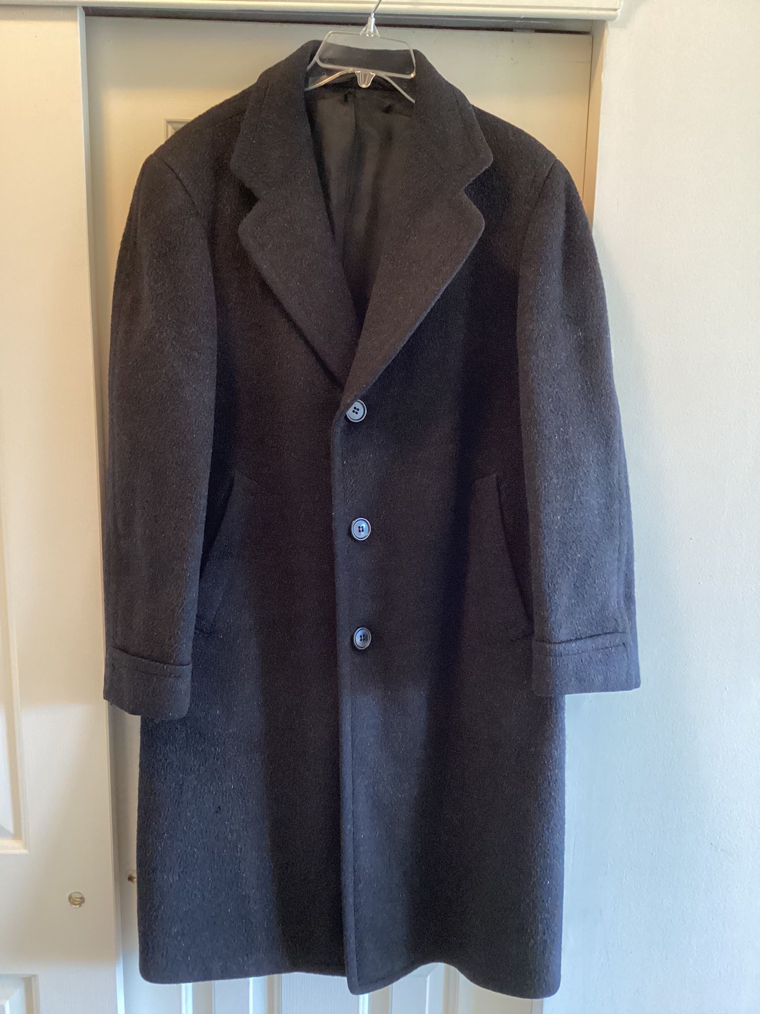 Alpaca & Pure Wool Kamashah Long Men’s Overcoat, large, black, lined, 3 button, 2 exterior pockets, 1 interior pocket, long and heavy 46” overall leng
