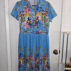 Boutique Dress Women Sky Blue Floral Mushroom Pleated Bottom Knee Length Sz XL