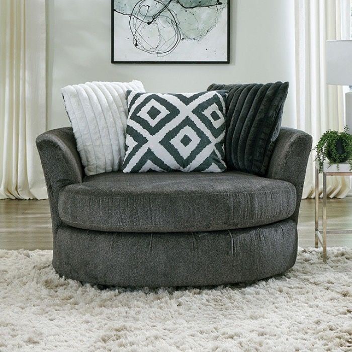 💎 ROUND SWIVEL CHAIR DARK GUN METAL CHENILLE FABRIC ACCENT PILLOWS SILLA REDONDA💎