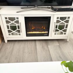 White TV Stand with Electric Fireplace Insert