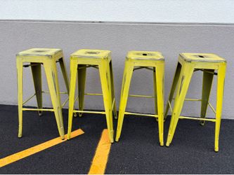 $140 for (4) Commercial Grade 30" H Backless Distressed Yellow Metal Indoor-Outdoor Barstools
