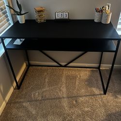 Modern Black Desk with Open Shelf - Minor Shelf Bend