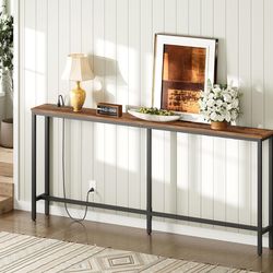 Skinny table with usb and outlet attached on top of table