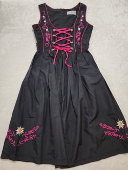 Edelweiss Dirndl Dress Black Pink Embroidered Flower with Optional Apron Oktoberfest Bavarian S/M