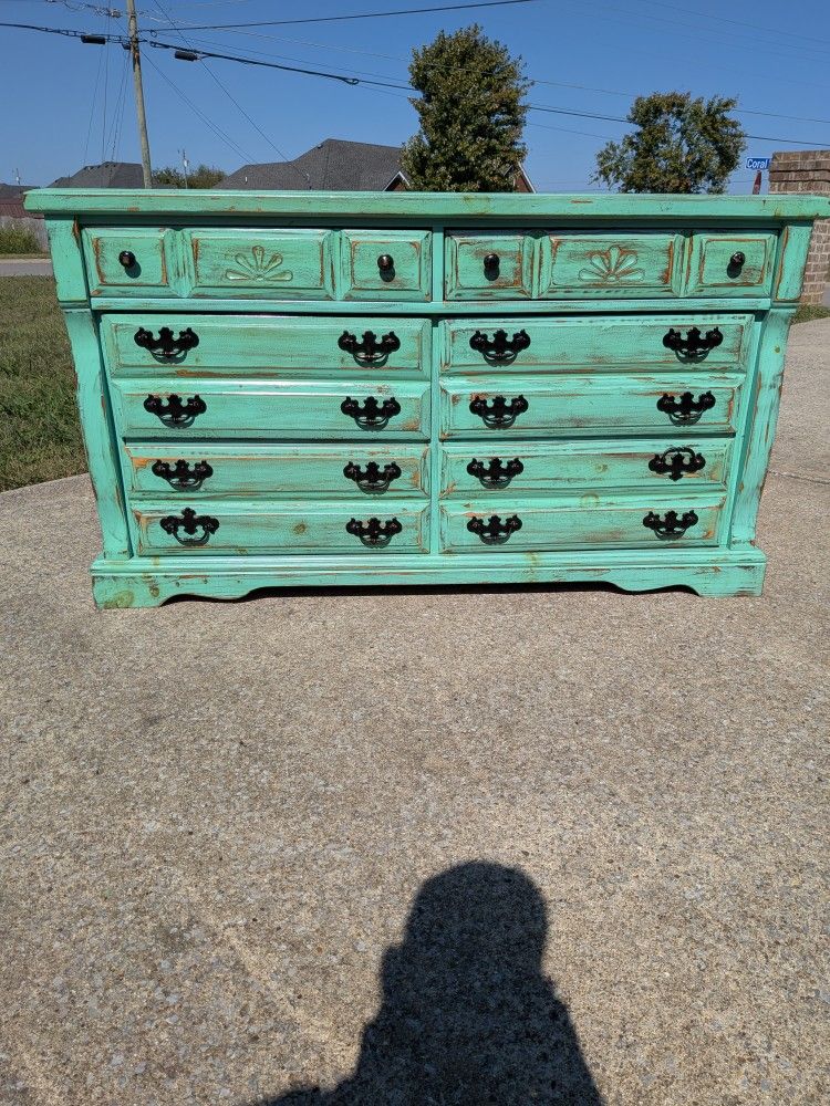 Distressed Turquoise Farmhouse Dresser / Buffet – 9 Drawer Vintage