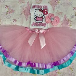 hello Kitty 6th birthday tutu Dress personalized with name and number set of 3 pieces