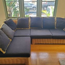 Vintage Rattan Wicker Bamboo Sectional Couch  & Chair  & End Table 