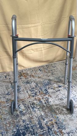 Foldable Adjustable Height Walking Frame, 2 Wheels, Aluminum, Gray Indoor