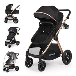 6-in-1 Convertible Baby Stroller with Bassinet Pushchair - Folding Infant Newborn Stroller w/Footmuff, Rain Cover, Cup Holder & Large Storage, Toddler