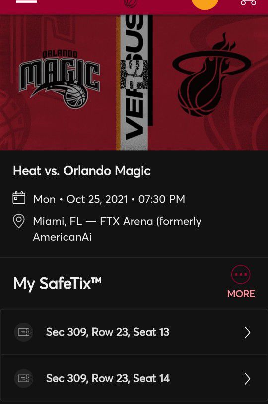 2 Miami Heat vs Orlando Tickets $25