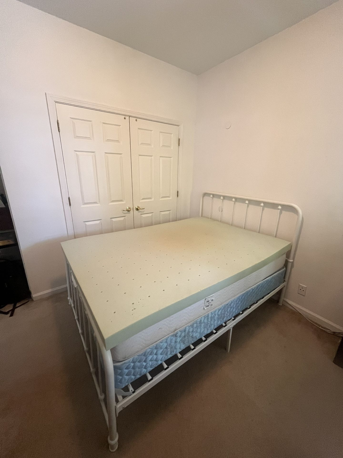 Full Size Bed Frame, Box Spring, Mattress, And Topper