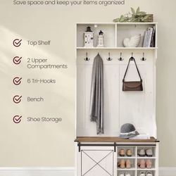 Hall Tree with Bench - 6 Hooks & Shoe Storage, Rustic White/Honey Brown Entryway Organizer, Space-Saving Design