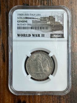 1940 XVIII Italy 1 Lira WWII NGC Genuine World War II Holder Victor Emmanuel III