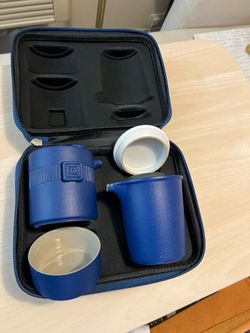 Portable Blue Ceramic Travel Tea Set with Carrying Case