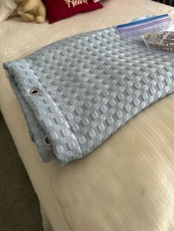 Shower curtain, white rod, and hooks