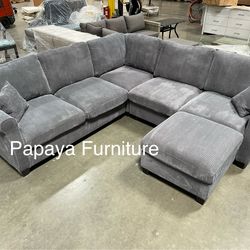 New Dark Grey Sectional Sofa And Ottoman, Sectionals, Sofa, Couch, Plush Sectional, High Back Couch, Sofas, Grey Sectional, Grey Sofa, Grey Couch Dim