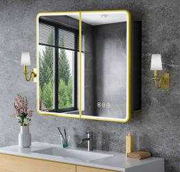 36" W x 30" H Khatra Modern Gold Framed Surface/Recessed Mount Medicine Cabinet with Mirror and Adjustable Glass Shelves, Dimmable Lighting, Anti-Fog,