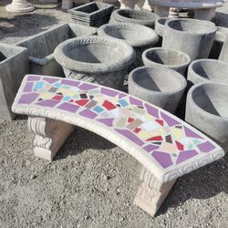 Concrete Mosaic Tile Inlay Curved Benches / Cement Garden Patio Bench / Outdoor Patio Furniture
