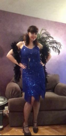 Flapper set blue sequin dress (small), headband, boa, gloves