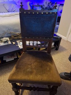 Antique Wood Chair with Embossed Leather Back