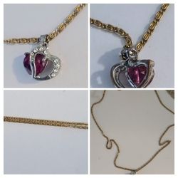 Small Heart Shaped Pendant With Red Stone And A Long Chain 