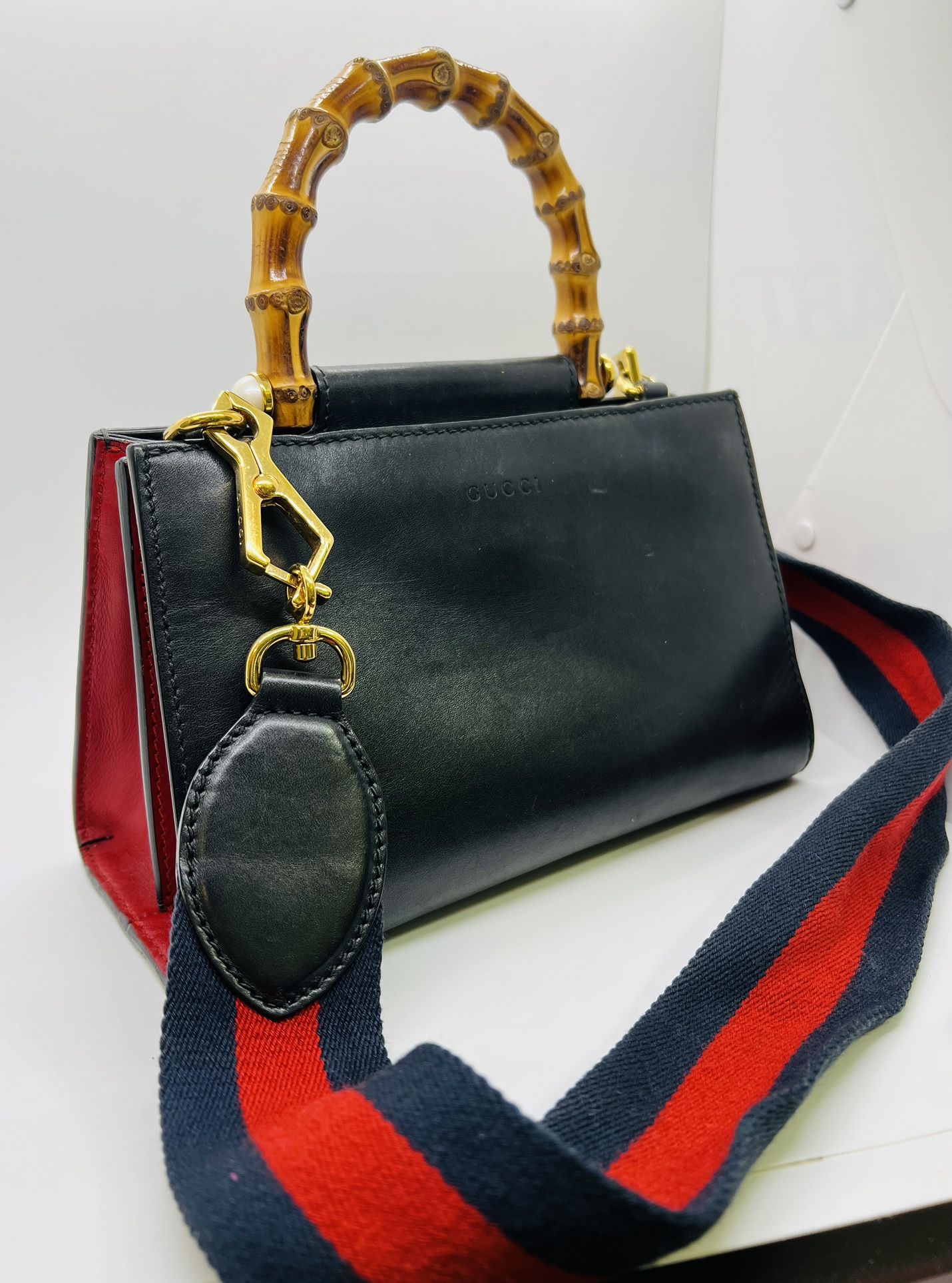 Authentic Preowned Gucci Black Leather Bamboo Handle Small Nymphaea Bag Purse Tote