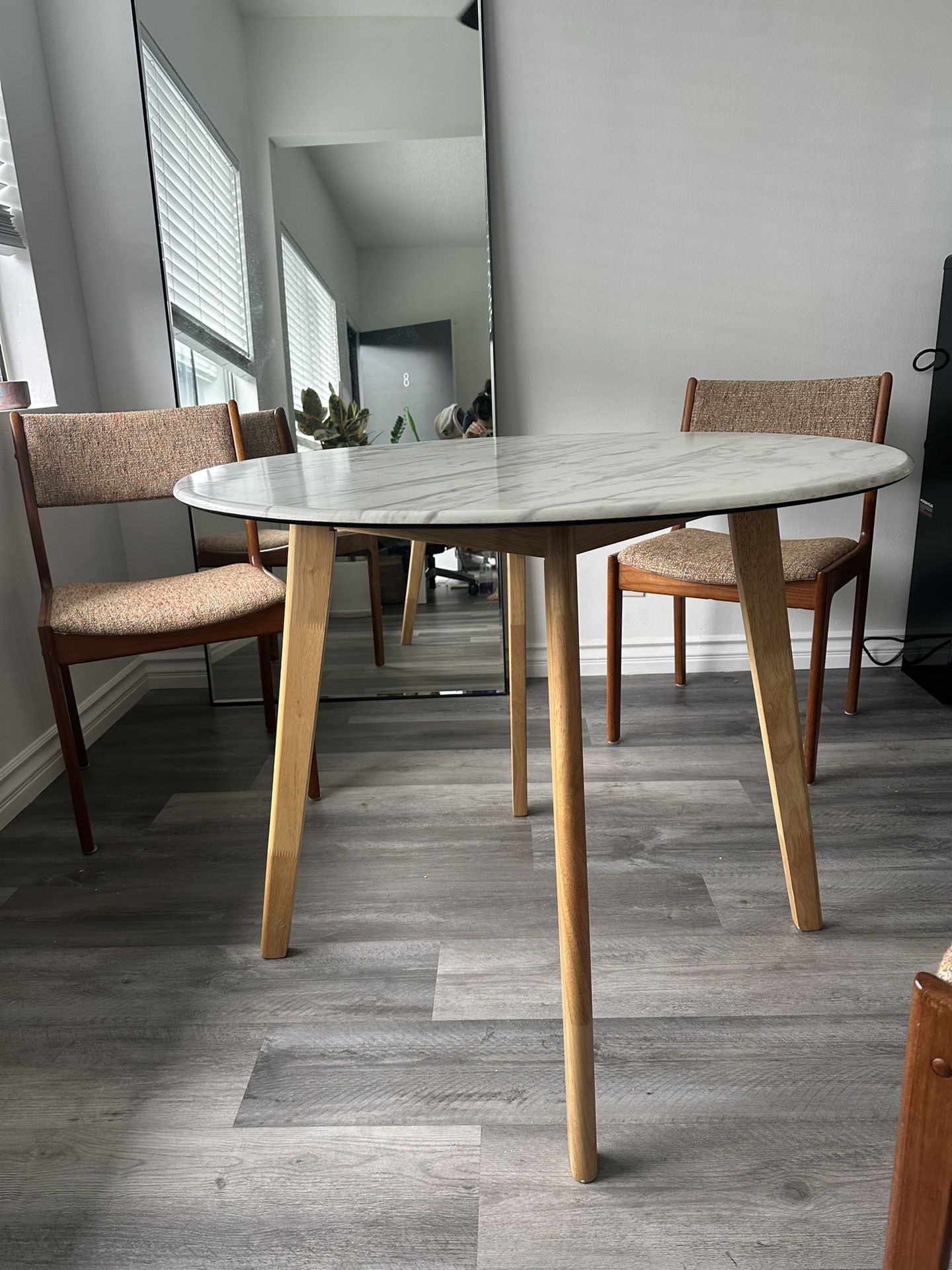 MCM Round Oak Dining Table with Marble Look