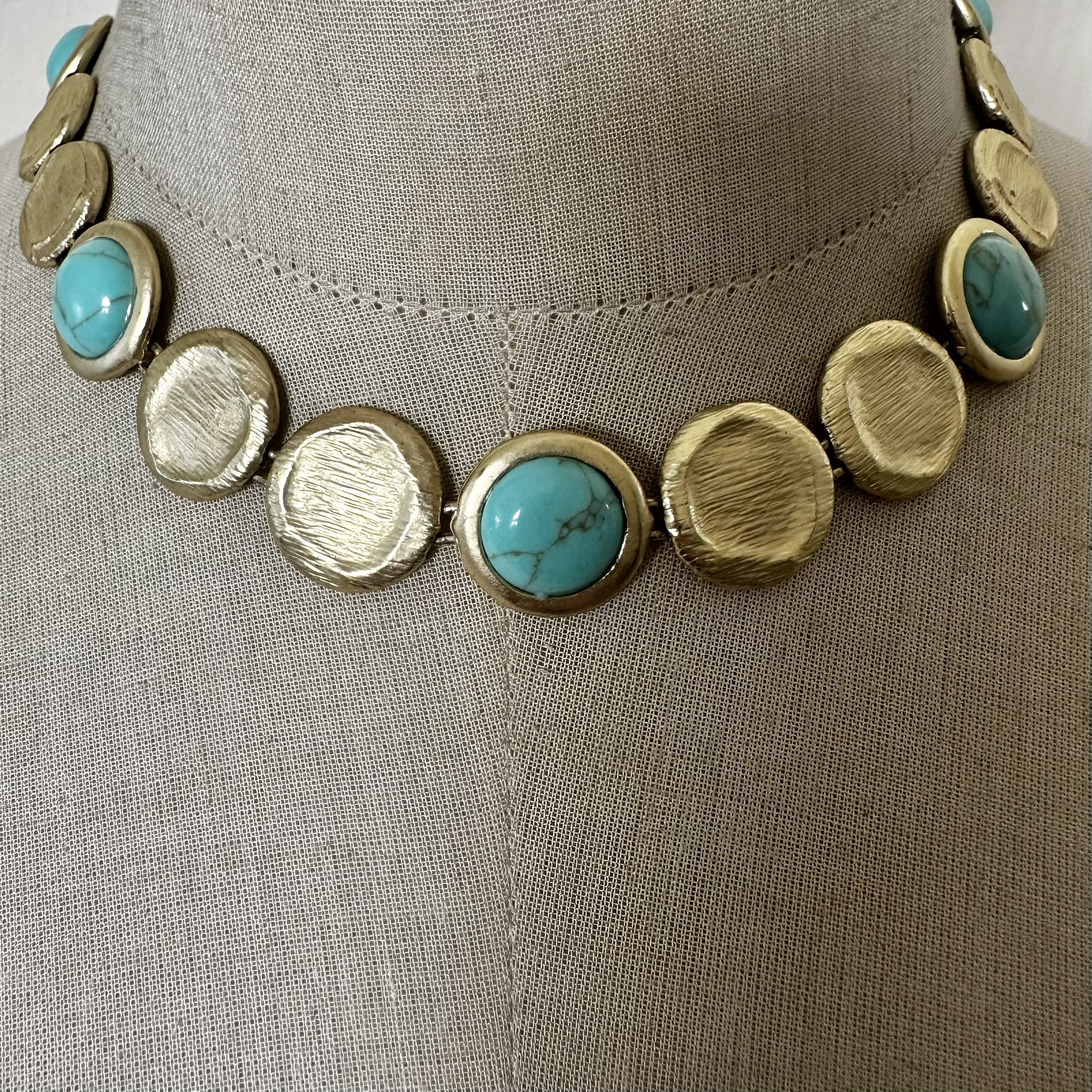 Gold Tone Disc & Turquoise Statement Choker Necklace