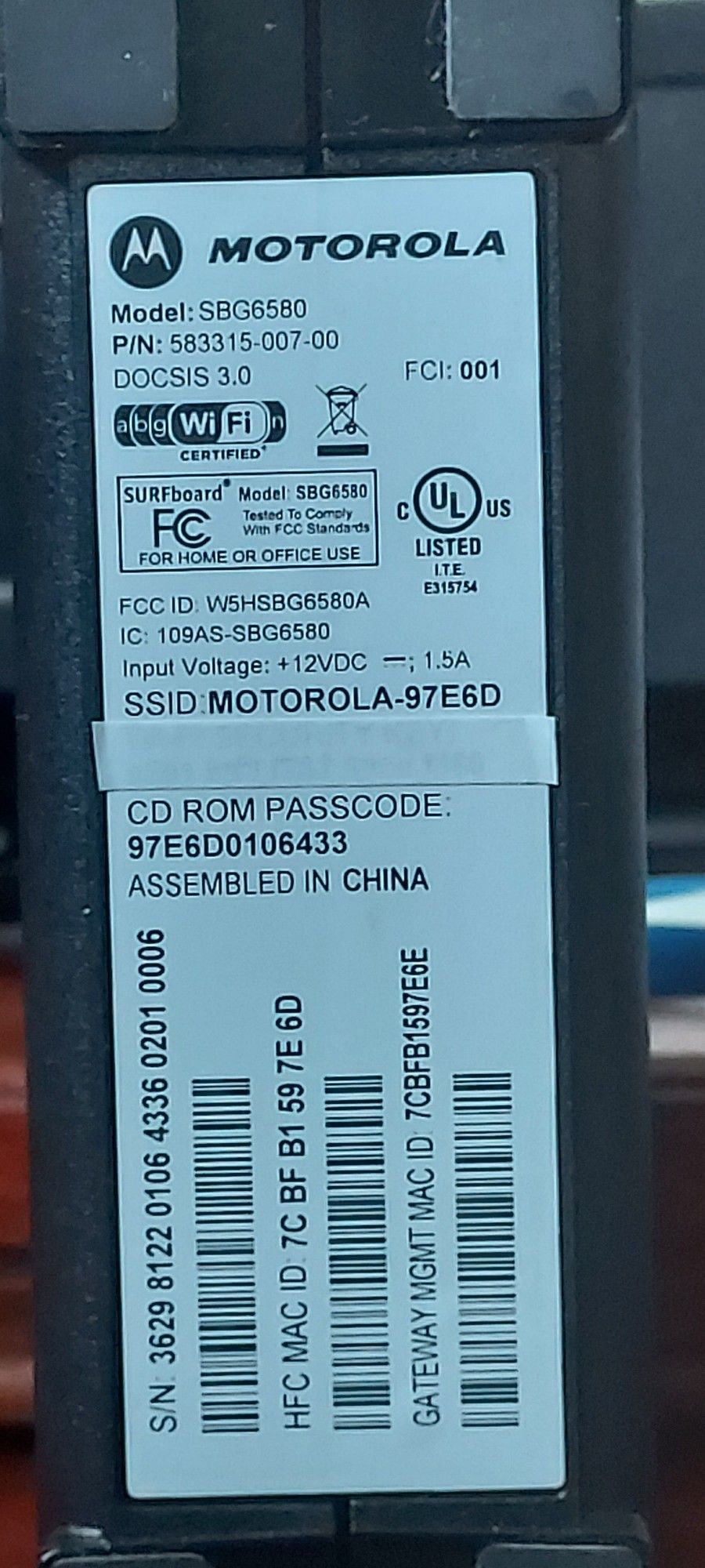Motorola Cable Modem/router 97E6DO