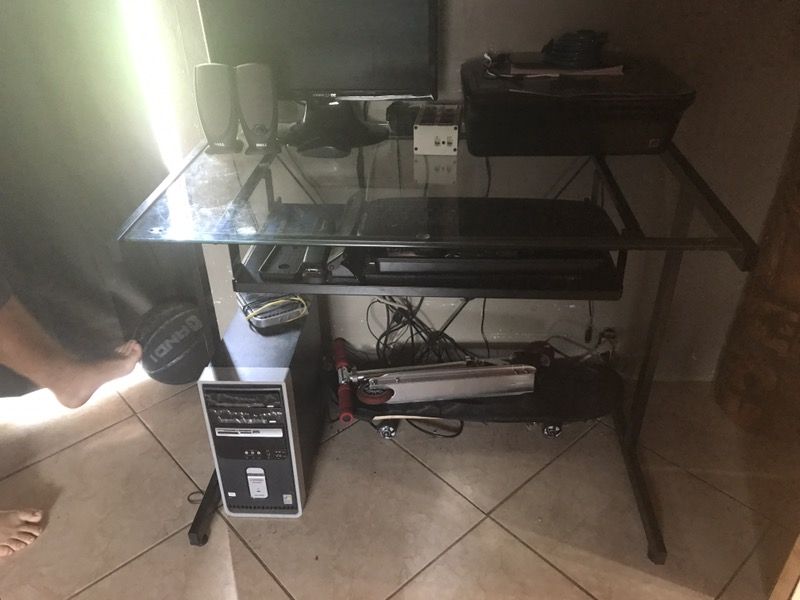 Glass desk with printer table