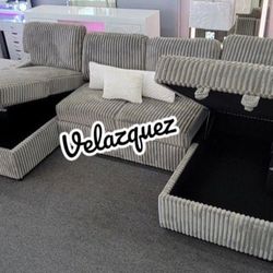 ✅️✅️3 pc Smoke grey corduroy fabric sectional sofa with double storage chaise and pop up sleep area in center✅️✅️