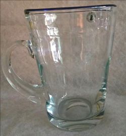 Vintage IKEA Clear HAND BLOWN Heavy Glass Pitcher Carafe COBALT BLUE Rim ~1990's