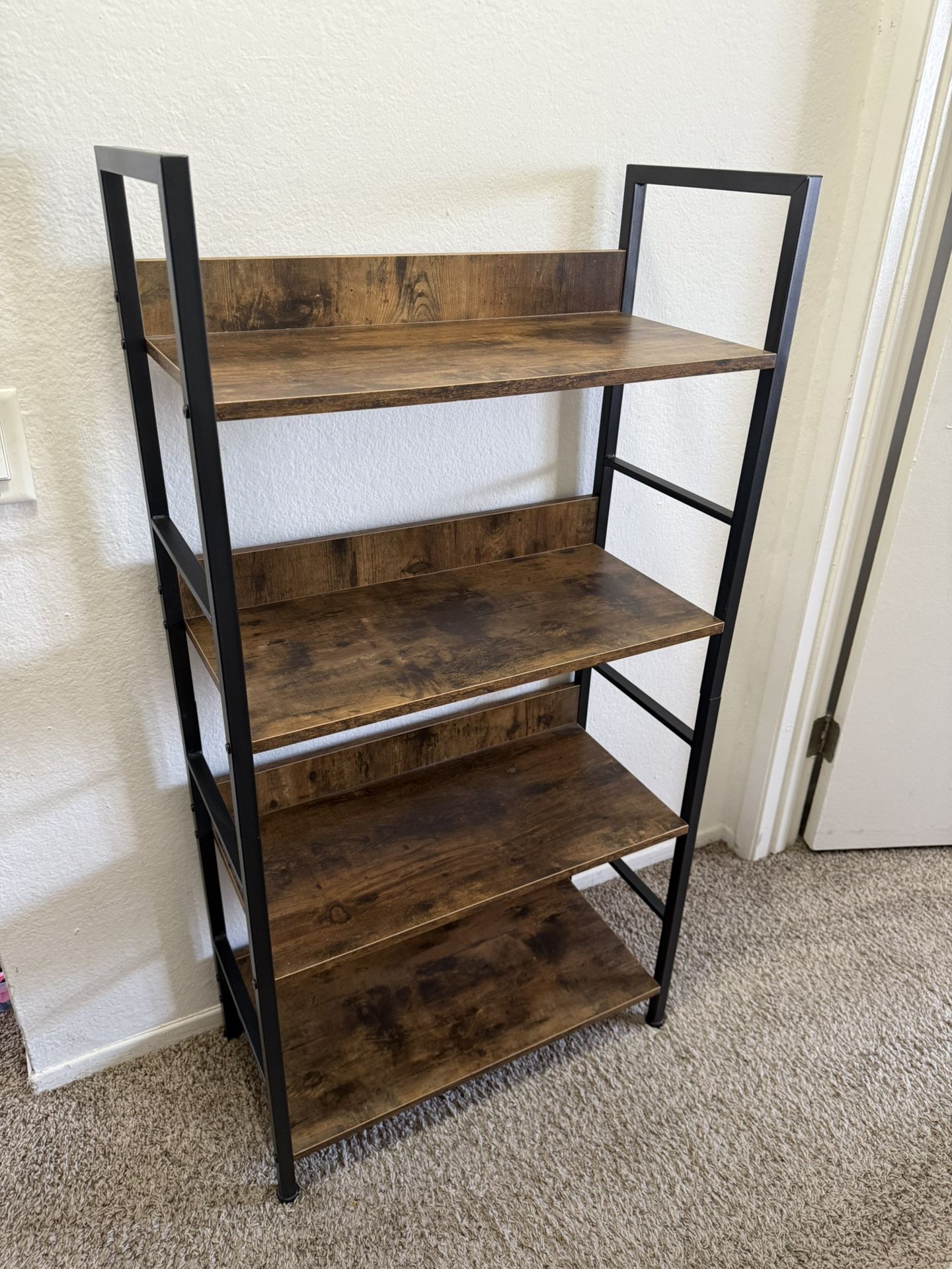 Brown Black Wood Metal 4-Tiers Shelves Accent Bookshelf Storage Rack with Back Panel and Adjustable Foot Pads