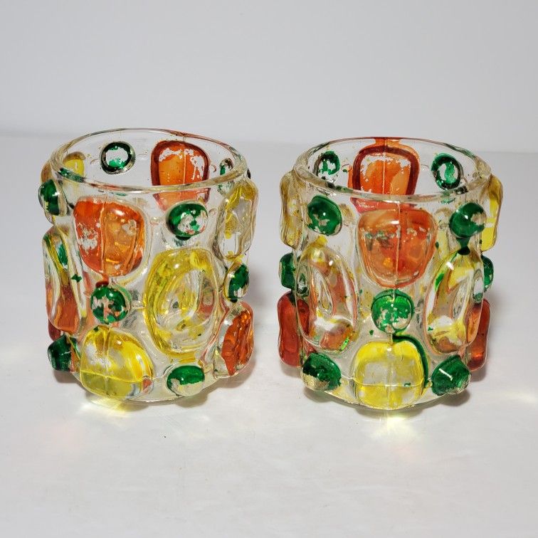 2 Glass Candle Holders Orange Green Yellow 1970's