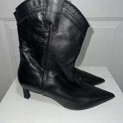 Zara Black Cowboy Leather Ankle Heeled Boots
