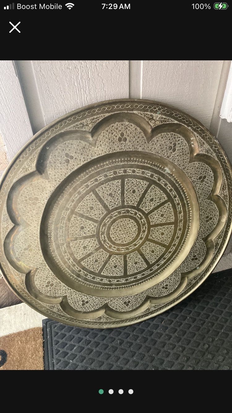 $450 Very Large Vintage Mid Century Brass Wall Hanging Or Coffee Table TrayTop