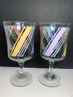  Vintage 1980s Pastel Striped Wine Stemware Fiesta Goblets