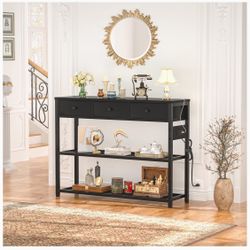 Ecopriso 47'' Entryway Table with Outlets and USB Ports, Console Table with 3 Drawers, Sofa Table Narrow Long with Storage Shelves for Living Room, Co