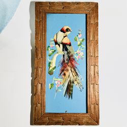 Vintage Folk Art Bird Picture Real Feathers Carved  Wood Frame